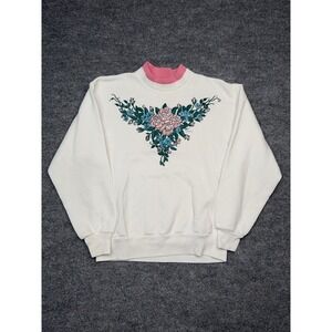 Morning Sun Floral Crewneck Sweatshirt‎ Small Made USA White Pink Collar